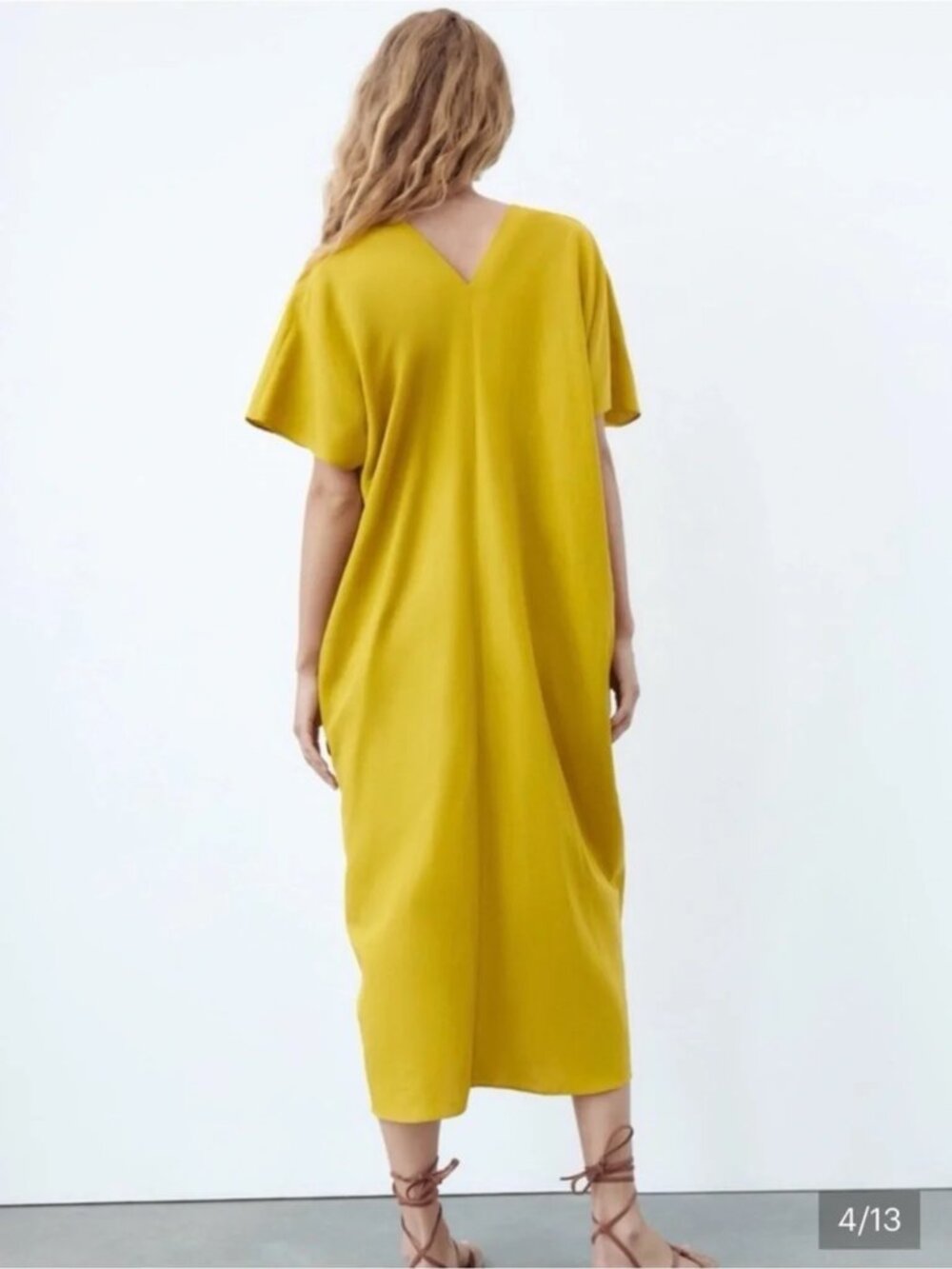 Zara Yellow Linen Blend Kaftan Caftan Midi Dress V Neck Short Sleeve - Picture 3 of 13